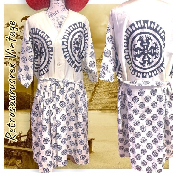 VINTAGE 1960’s Aztec Sun Eagle Print Unisex Kimono Cover Up Robe Dress, Weldon X - Picture 1 of 9